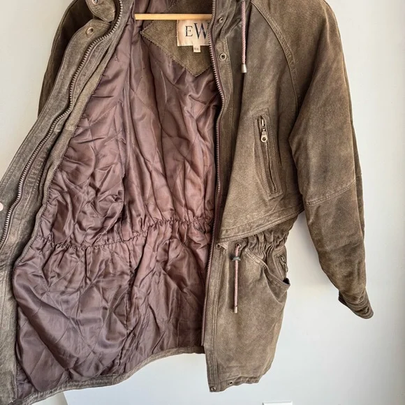 Vintage 80s Brown Suede Utility Coat Womens S Leather Longline Safari Distressed - Picture 13 of 16